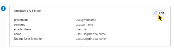 Azure AD Attributes and Claims section with Edit button highlighted.