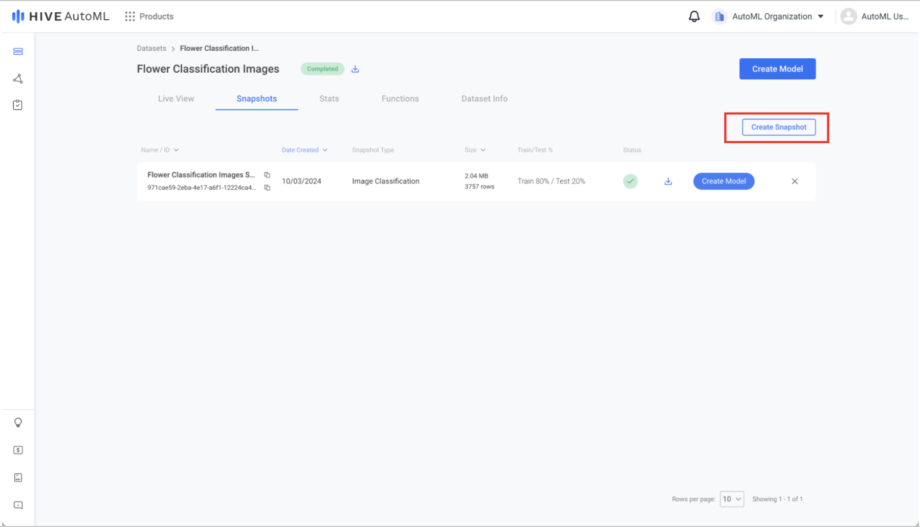The `Create Snapshot` button lies at the top right of the detail page for an individual dataset.