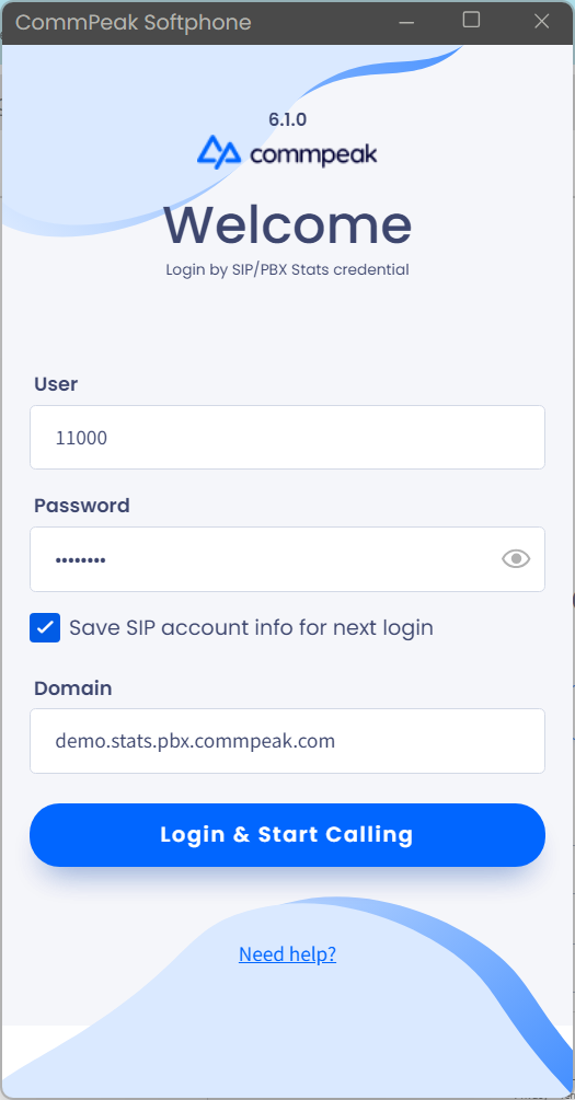 Screenshot of the screen with entering agent credentials and domain from PBX Stats