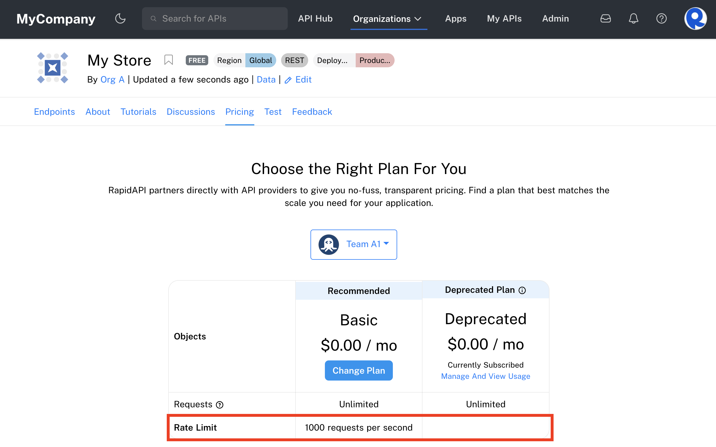 An API listing's Pricing tab if a plan has a rate limit set.