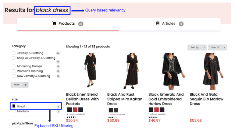 Search results showing dress variants ranked by query relevance for "black dress"