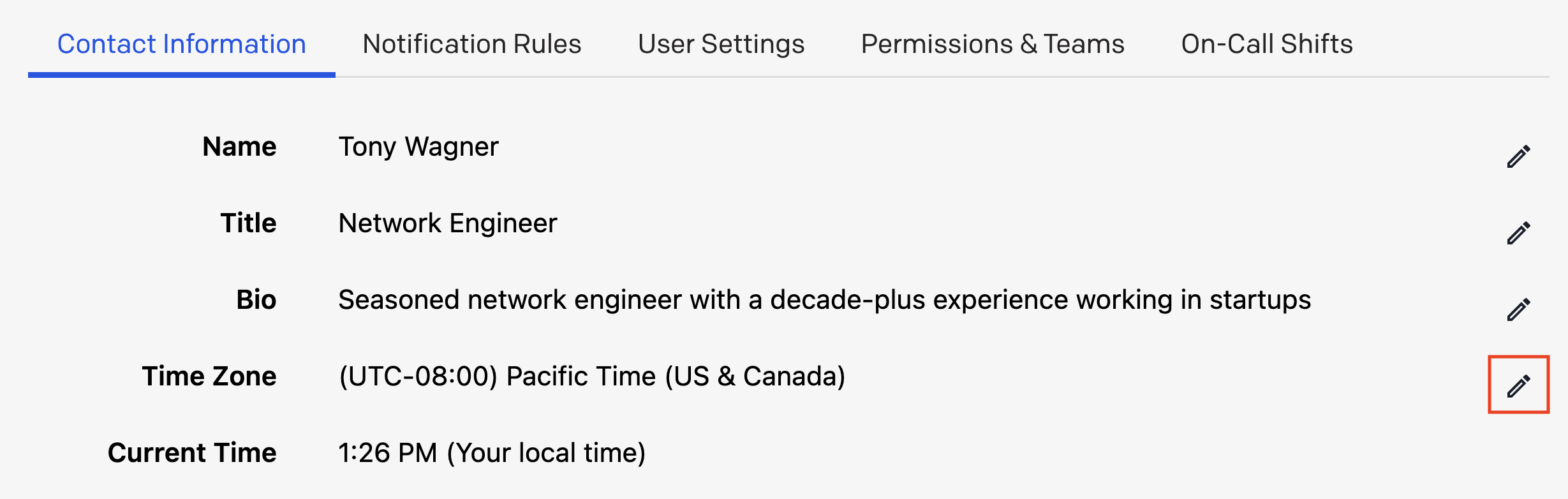 A screenshot of the PagerDuty web app showing how to edit the user-level time zone