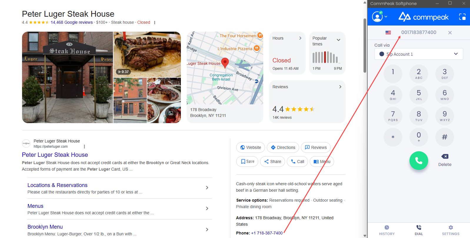 Screenshot of dialing via the CommPeak softphone