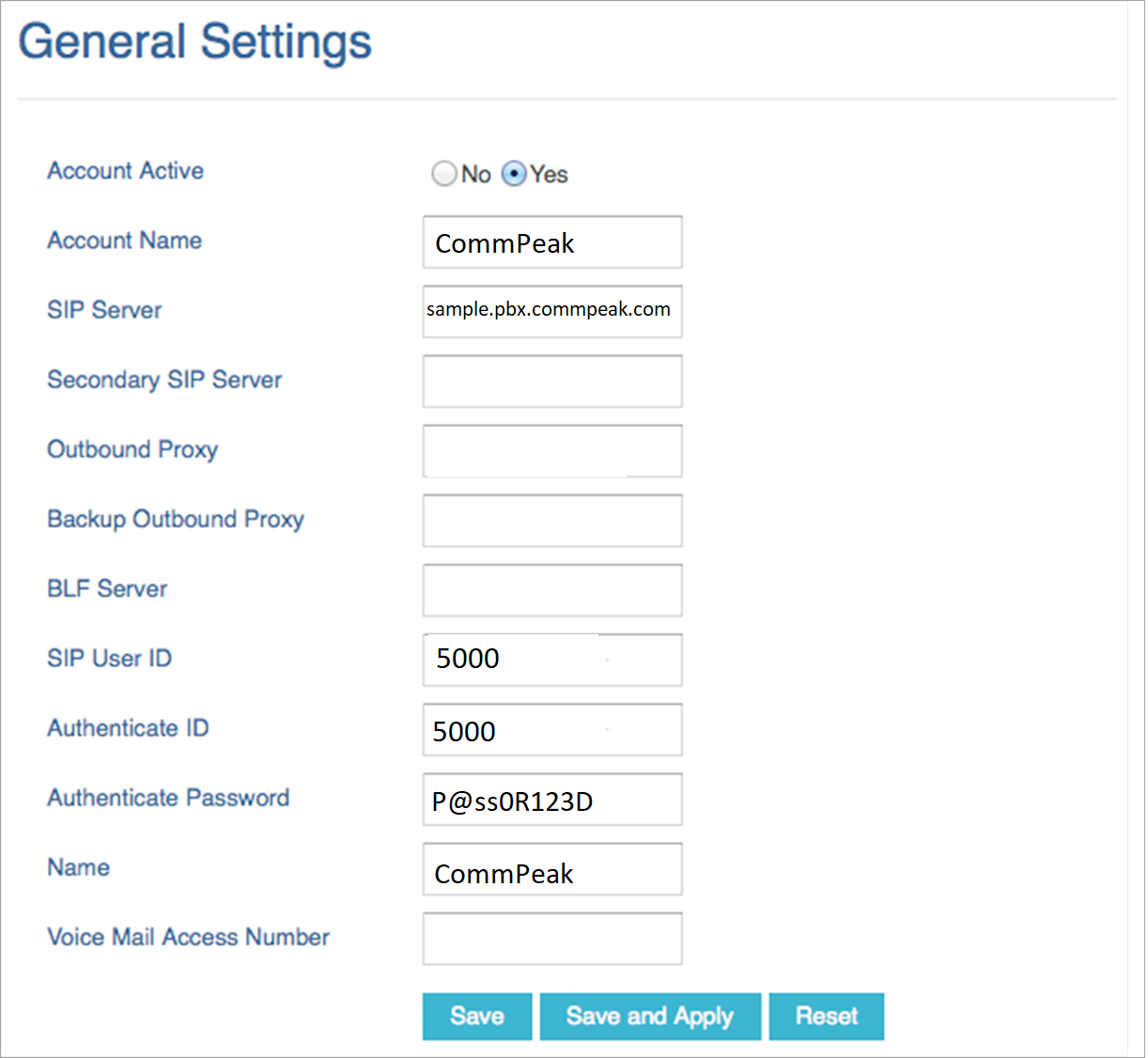 Screenshot of the screen with Grandstream account form