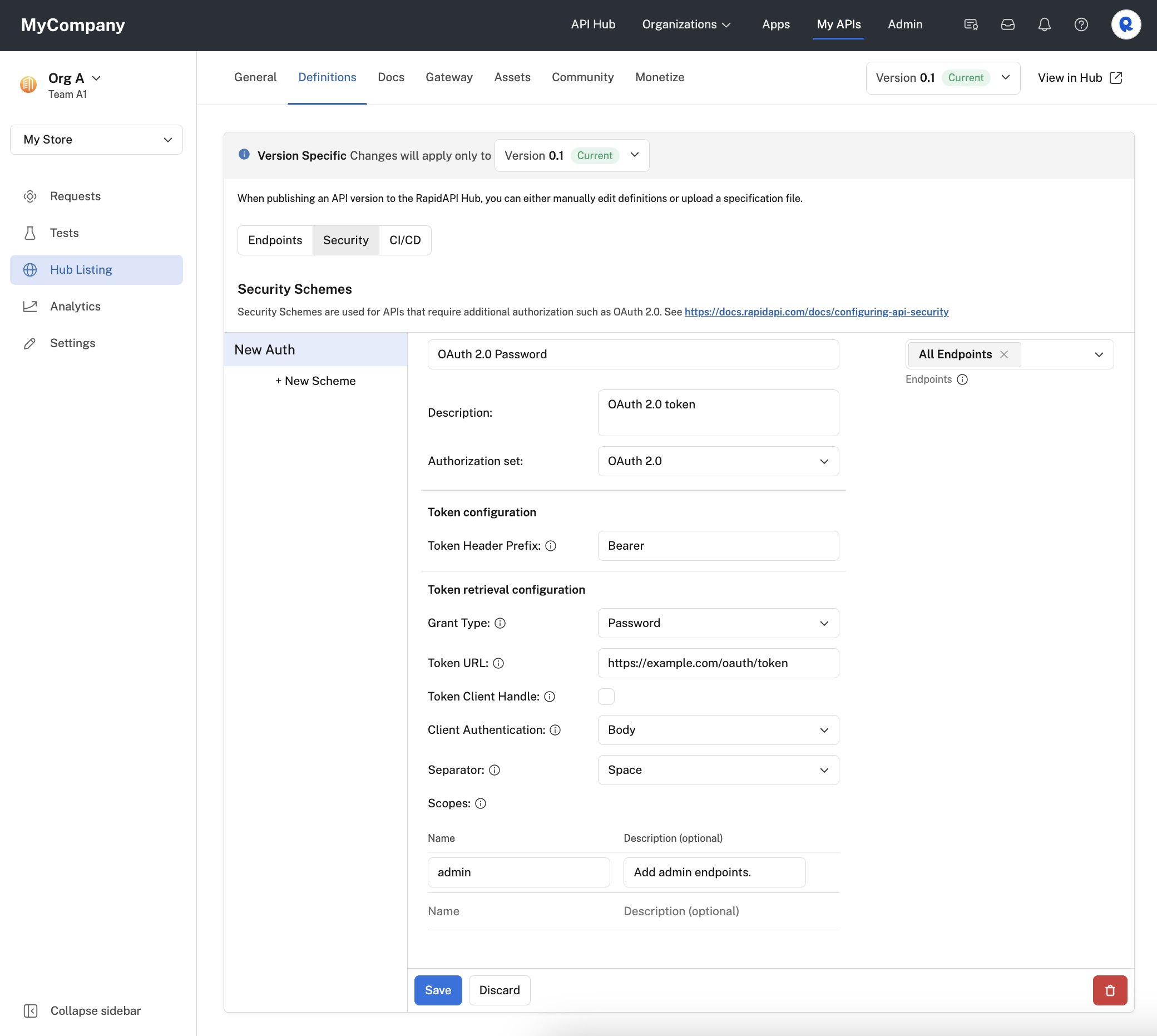 Configuring OAuth2 password grant type for an API.