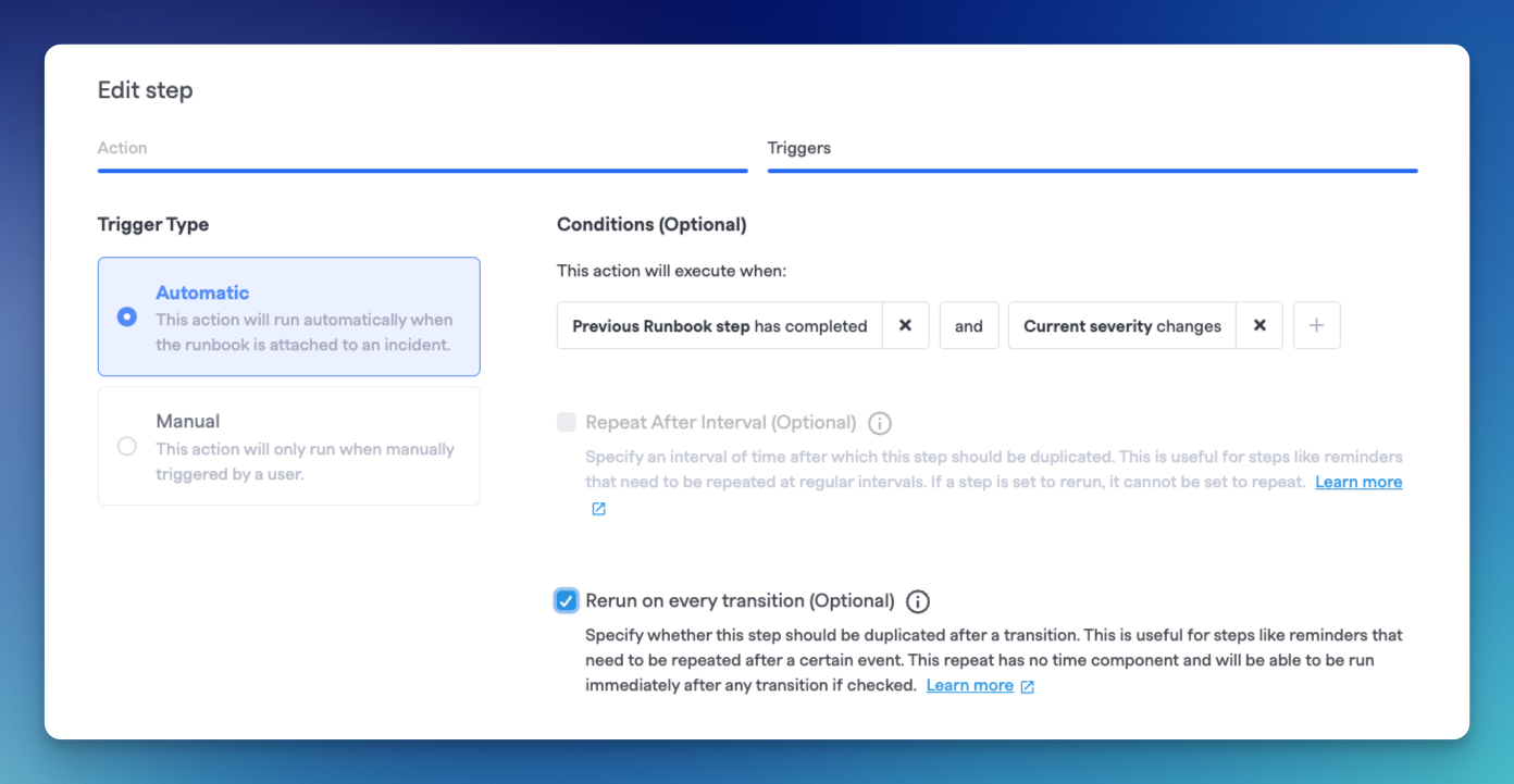 Rerun on every transition checkbox enabled