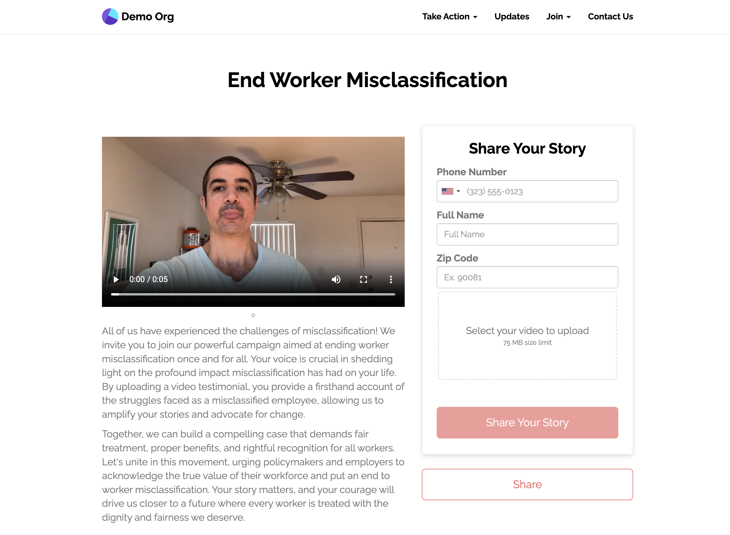 View an [example Share your Story page here](https://demo.solidarity.tech/end-worker-misclassification)