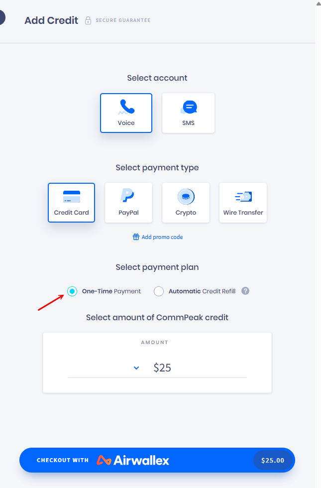 Screenshot of the Select payment method section: One-Time Payment