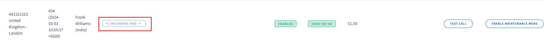 Screenshot of the INCOMING SMS button disabled
