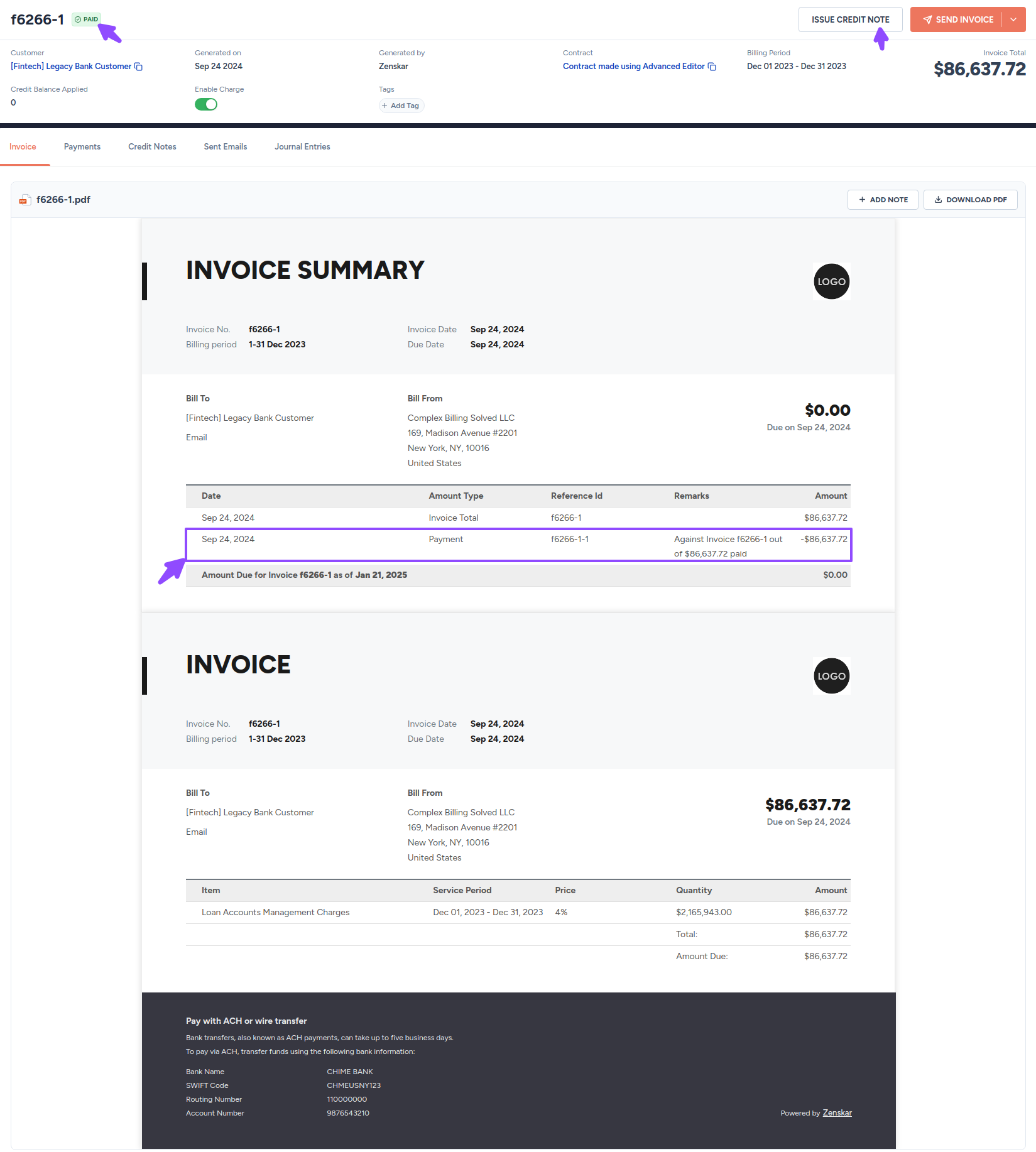 Fig. 6: One payment amounting to the invoice total.