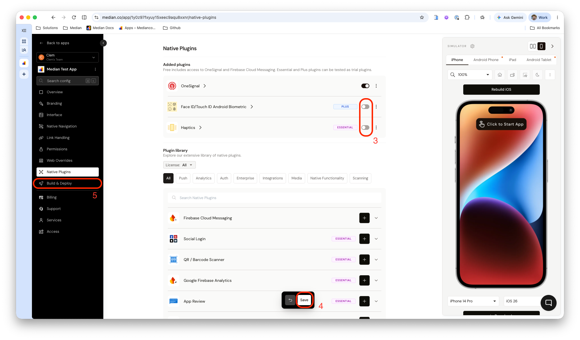 Median App Studio — enable plugins and save changes
