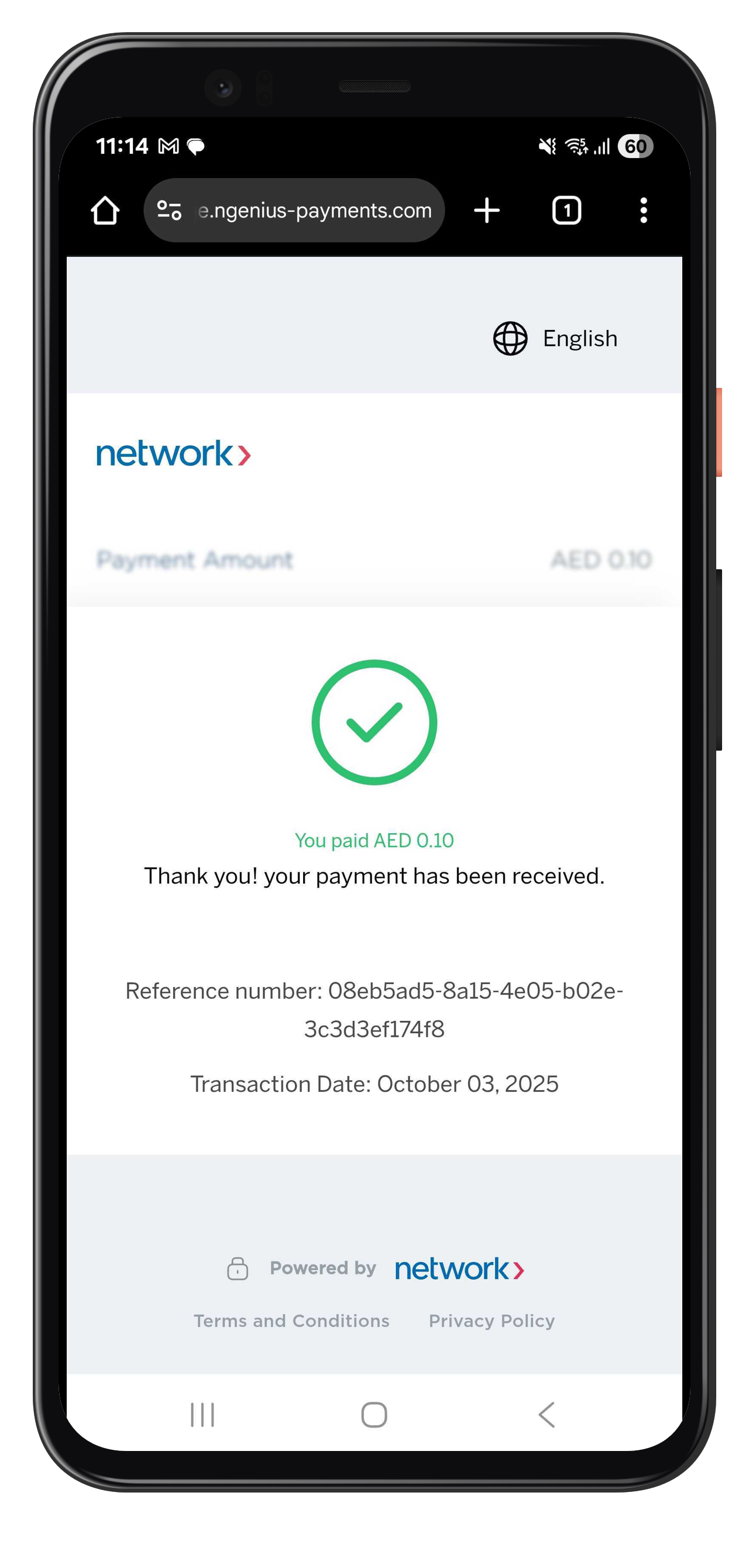 Network Payments confirmation screen showing successful Aani payment with amount, reference, and transaction date.