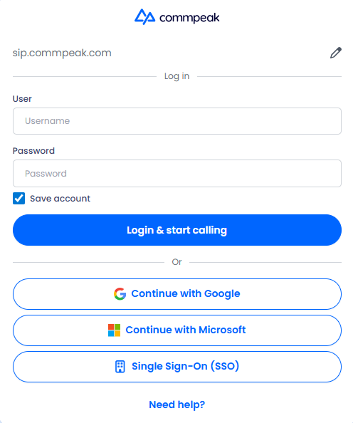 Screenshot of the web-based Softphone login options