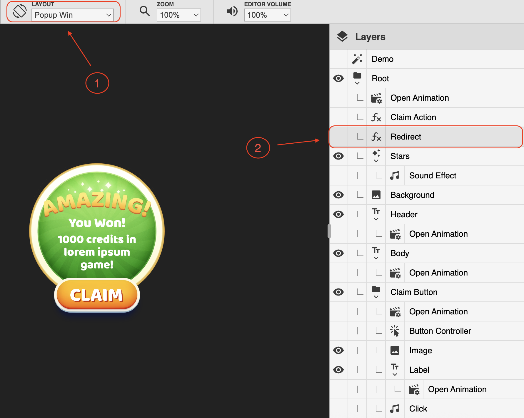 Select a redirect layer for a prize