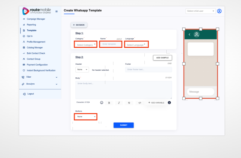 Create WhatsApp Template screen with category, template name, language fields, and live preview panel