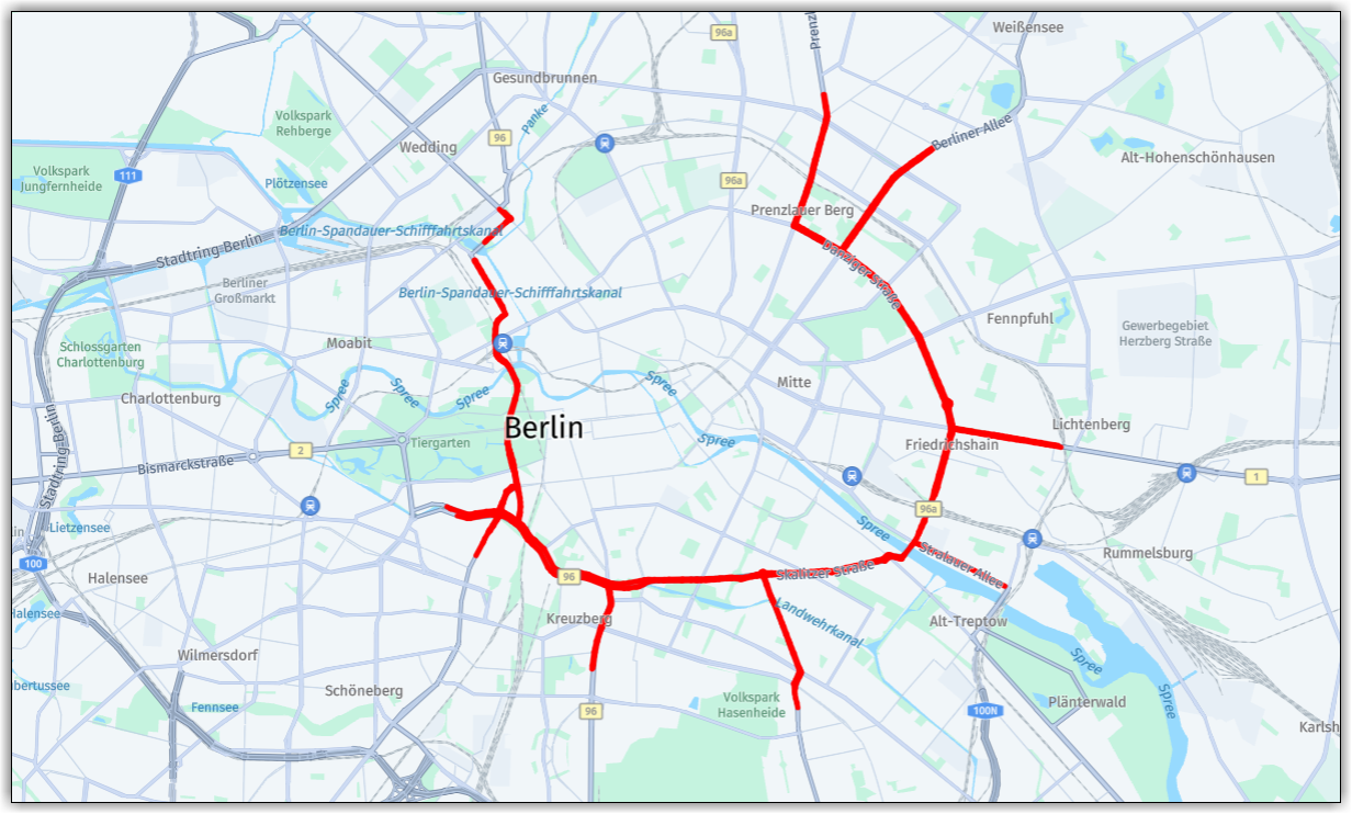 Road segments of level FC_2 within a circular geofence