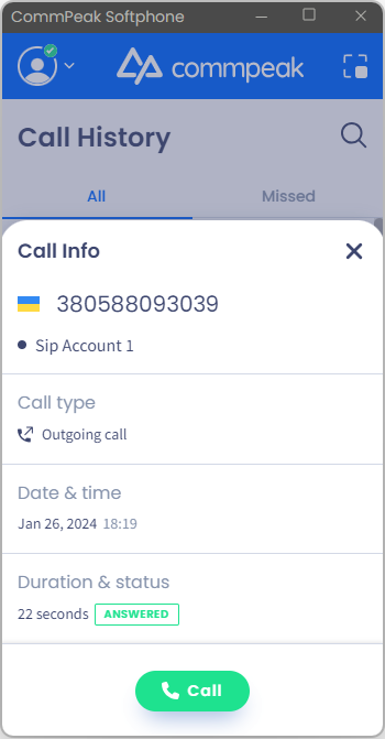 Screenshot of the **Call Info** section