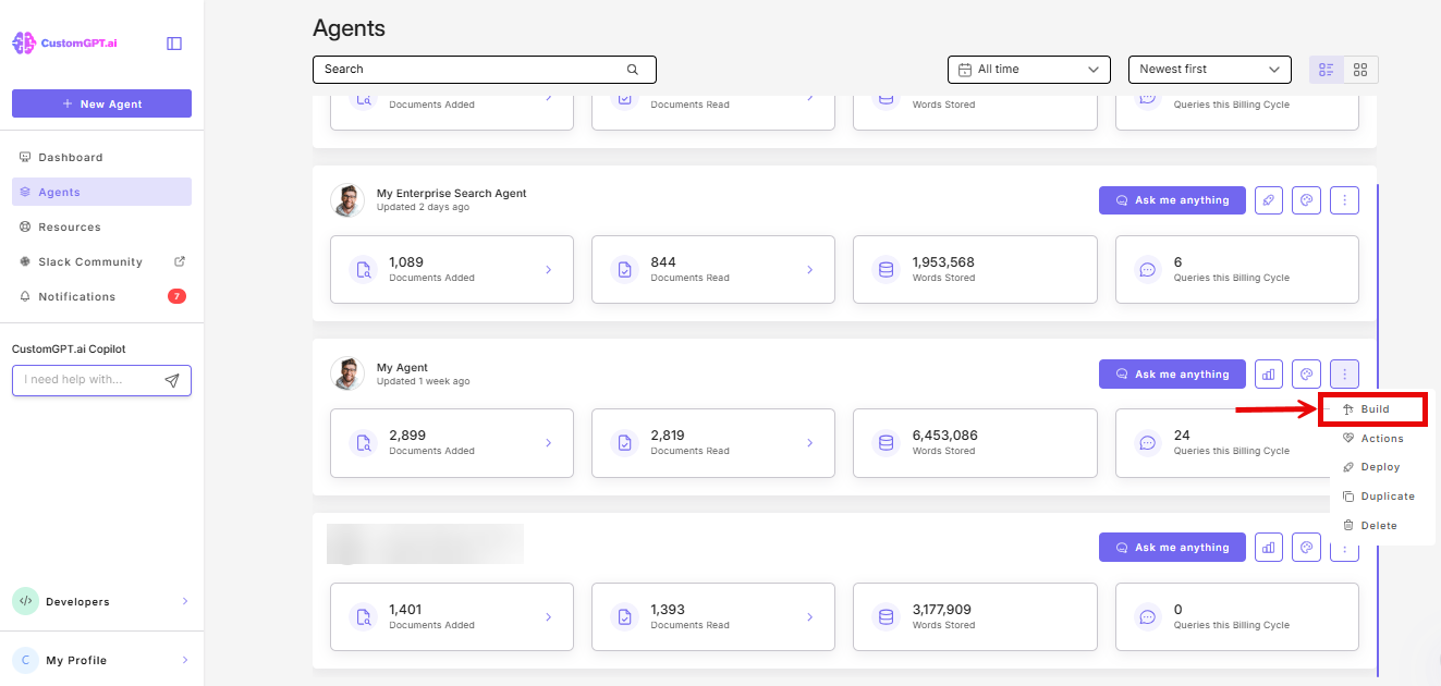 screenshot: Build option on the selected agent