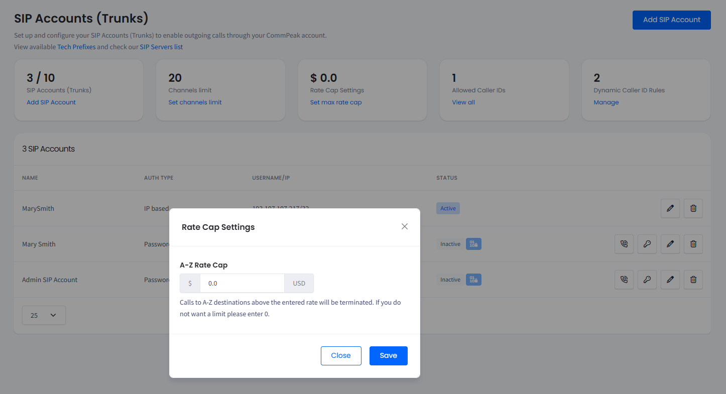 Screenshot of modifying the rate cap settings