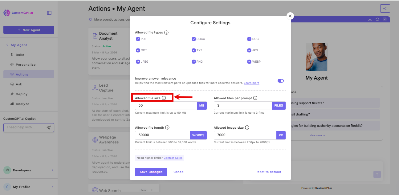 Screenshot of Allowed file size option in the configure settings of Document Analyst
