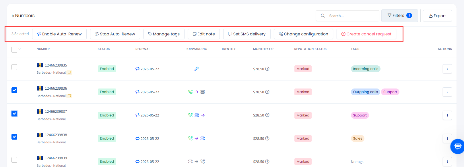 Screenshot of the multiple selection actions
