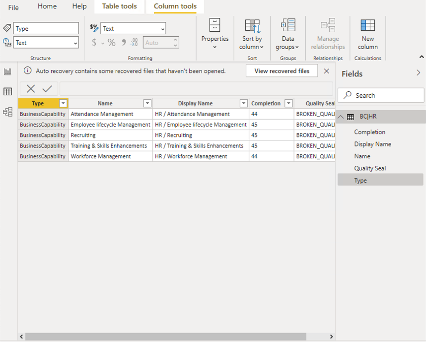 Imported Saved Searches in Table View in Power BI