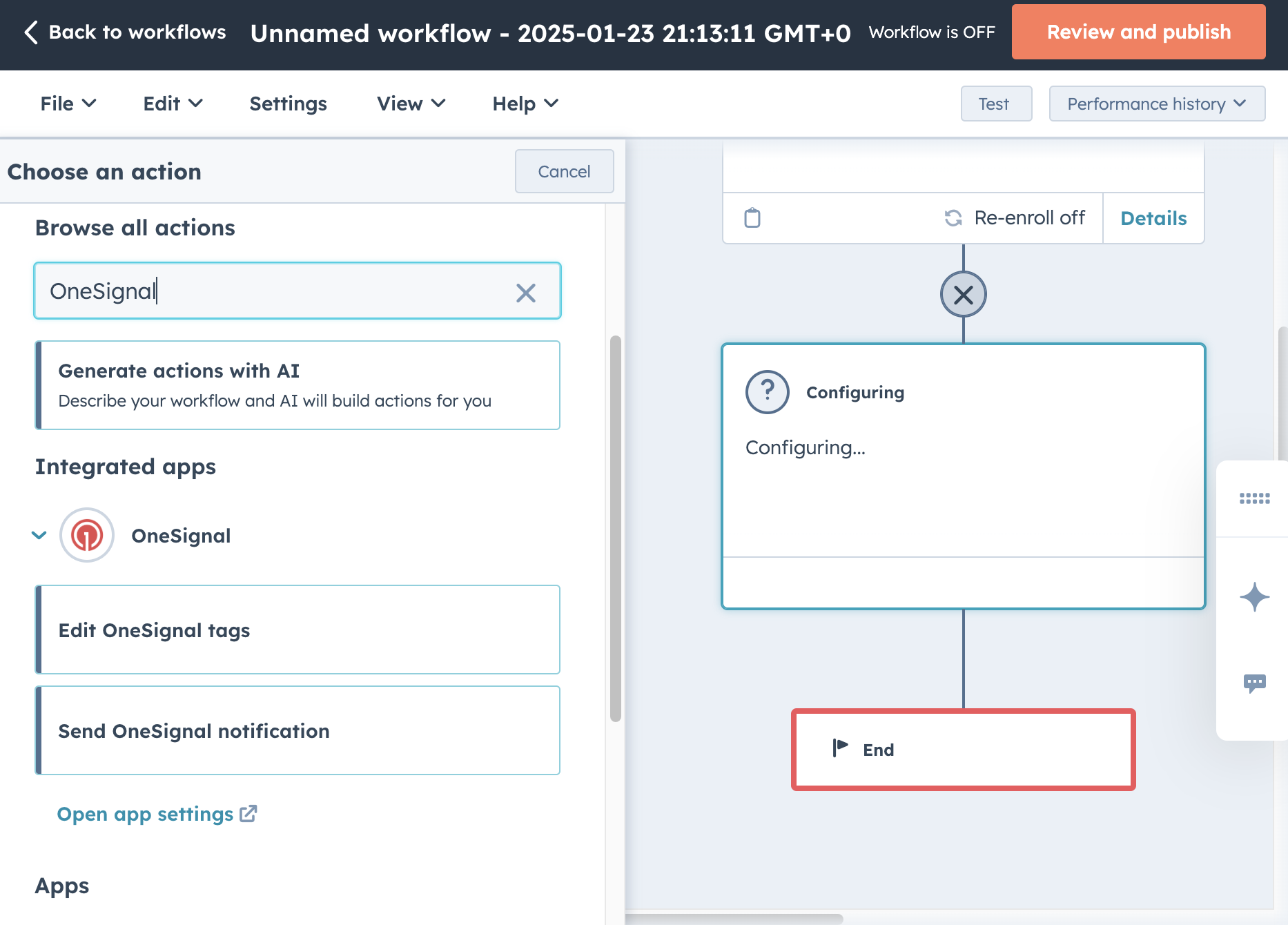 The OneSignal app's Workflow integration actions.