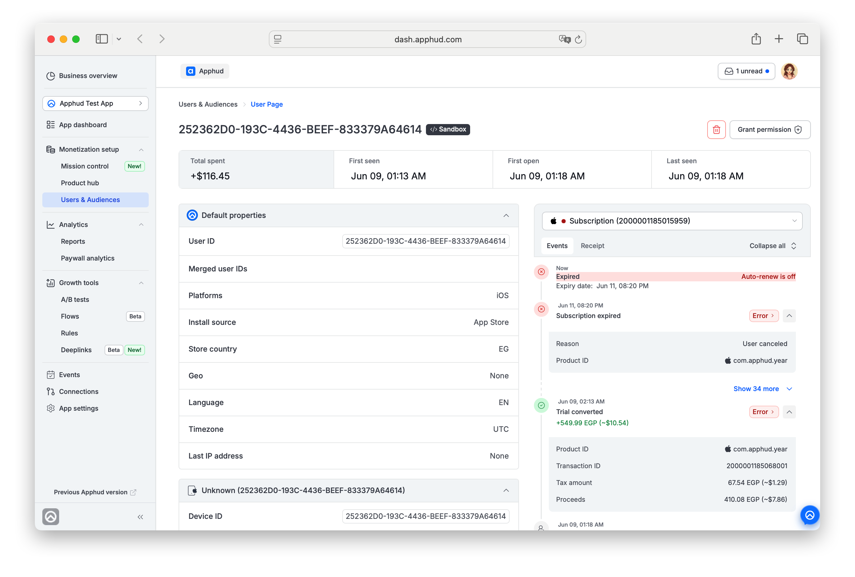 Apphud - Sandbox User Page