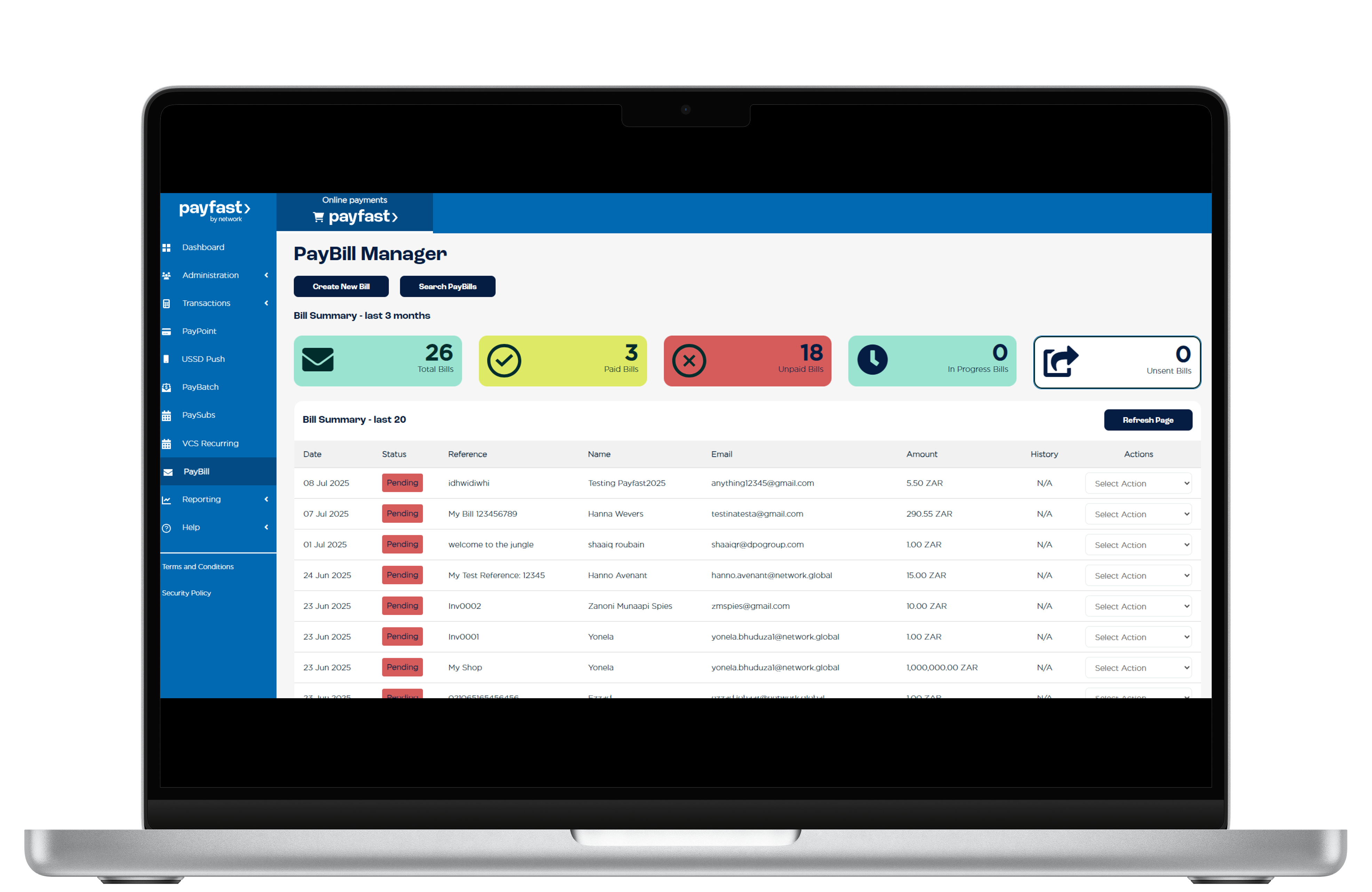 Navigate to the PayGate section from the Merchant Access portal, and select PayBill. From there, click on the Create new Bill button at the top.