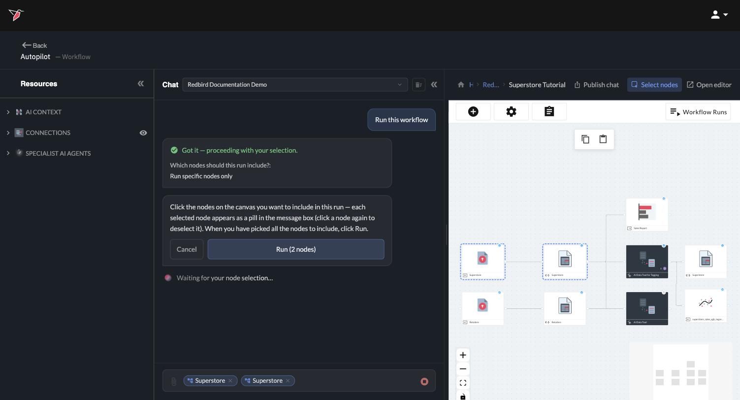 Selecting nodes on the canvas — each selected node appears as a pill in the message box, and the Run button shows the count