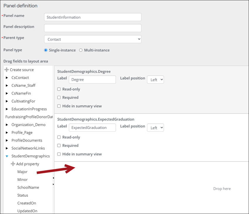 Adding properties to the panel area