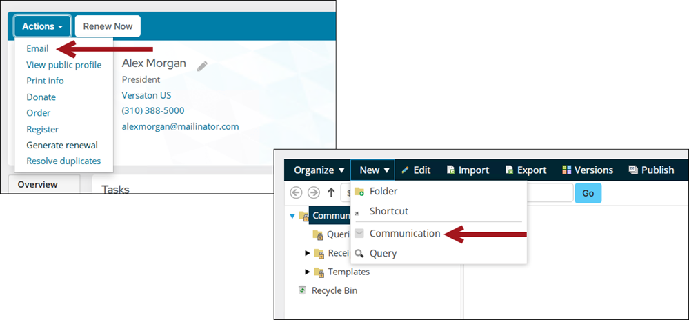 Composing a new communication by selecting Email from the Actions menu on account pages or by selecting New > Communication from the document system automatically opens the default communication template.