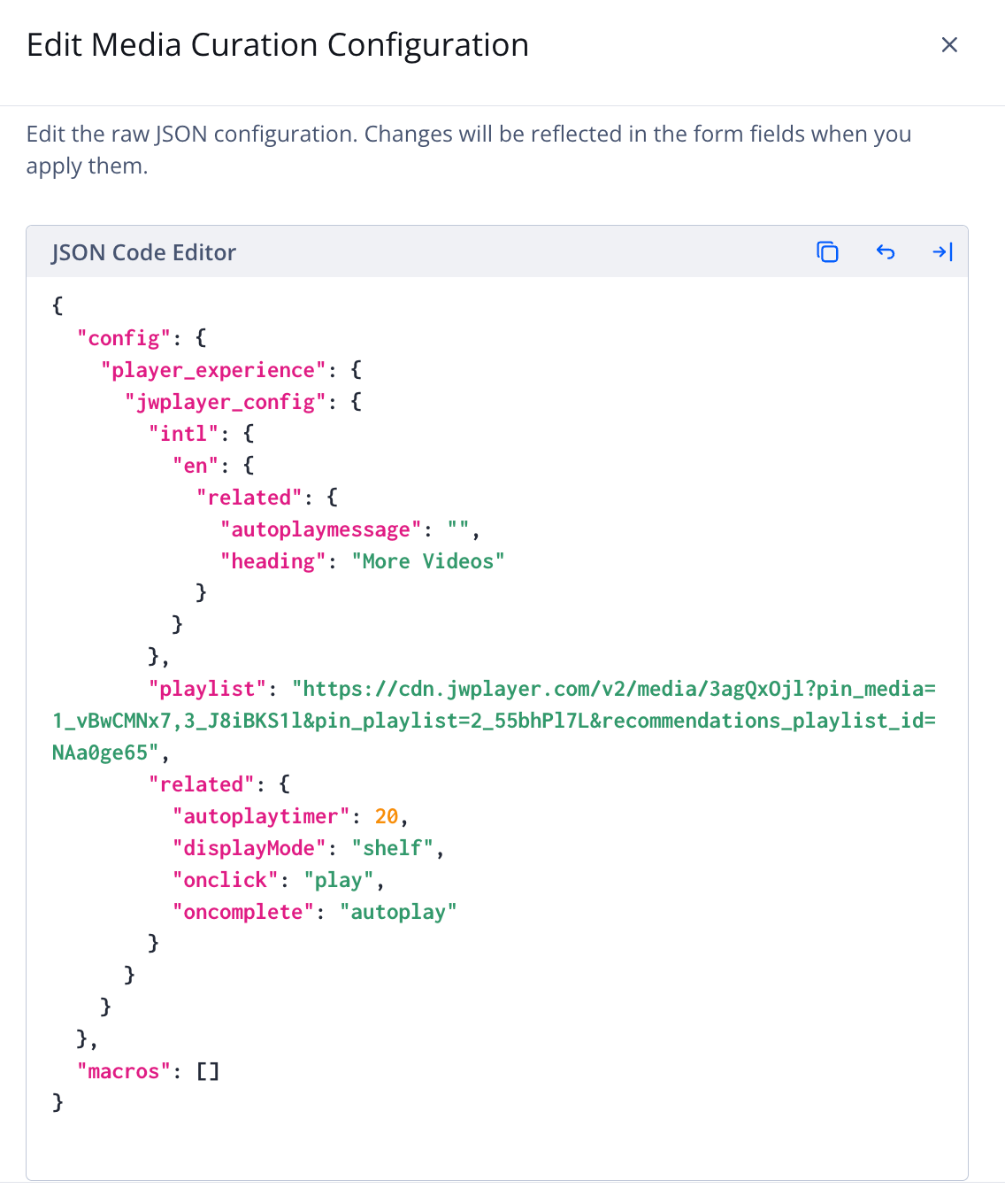 Edit Media Curation Configuration panel