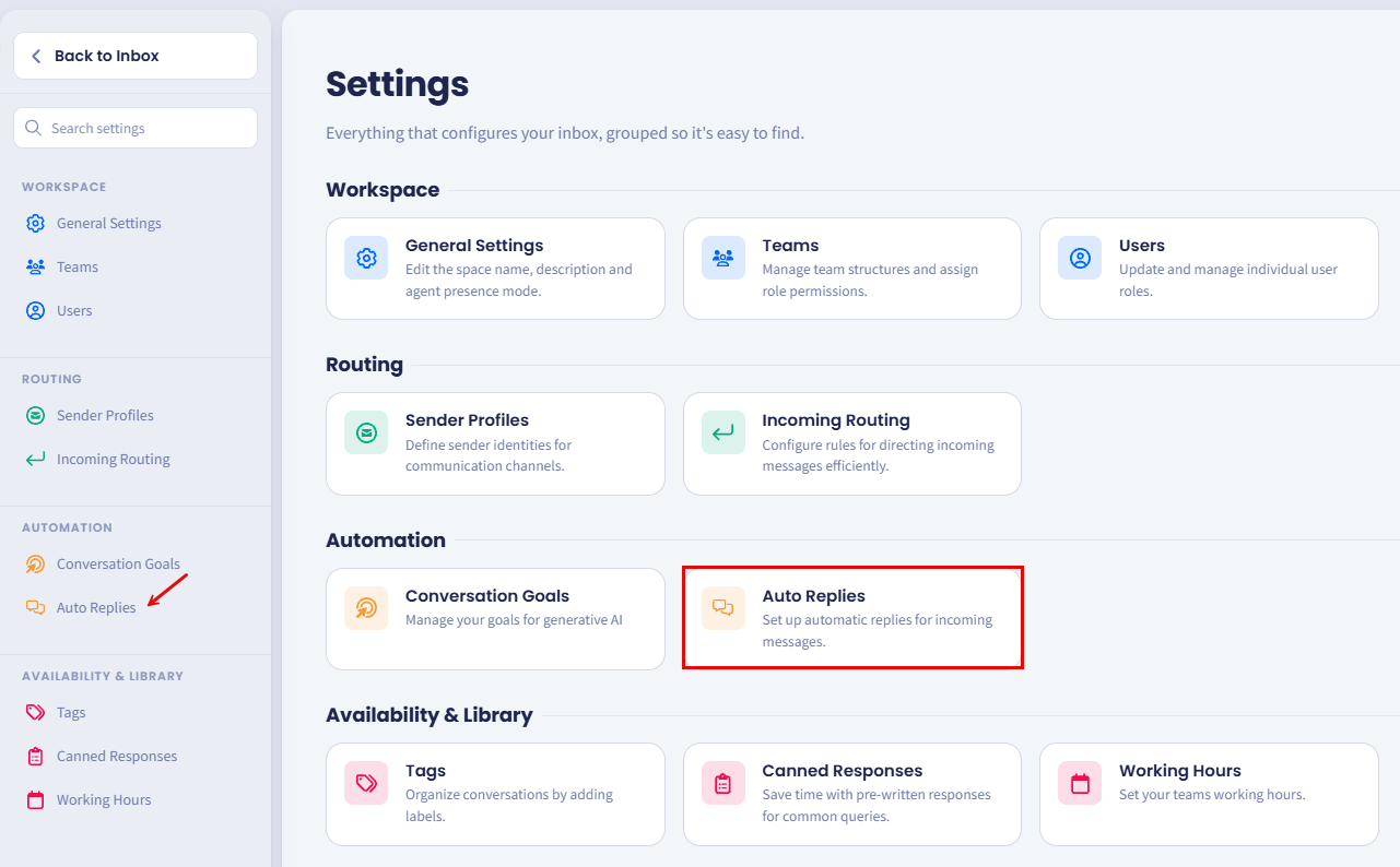 Screenshot of the Inbox Settings Auto replies tab