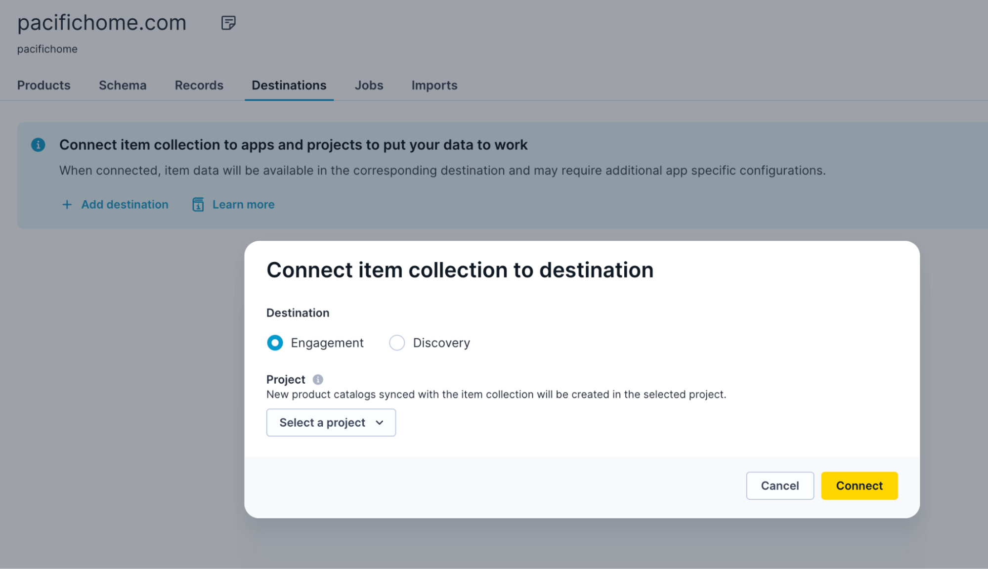 Connect item collection to destination dialog in Bloomreach Data hub, showing Engagement and Discovery destination options.