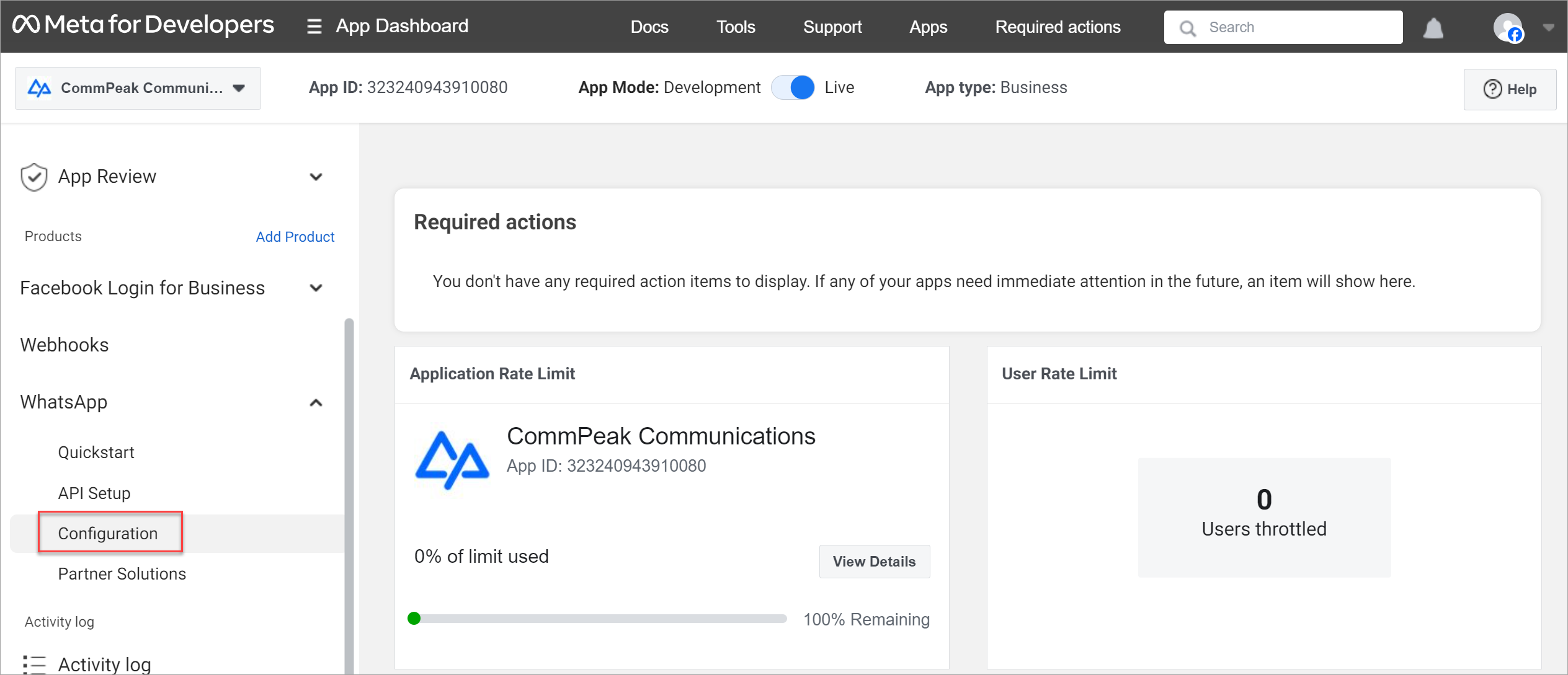 Screenshot of the Meta **Configuration** section