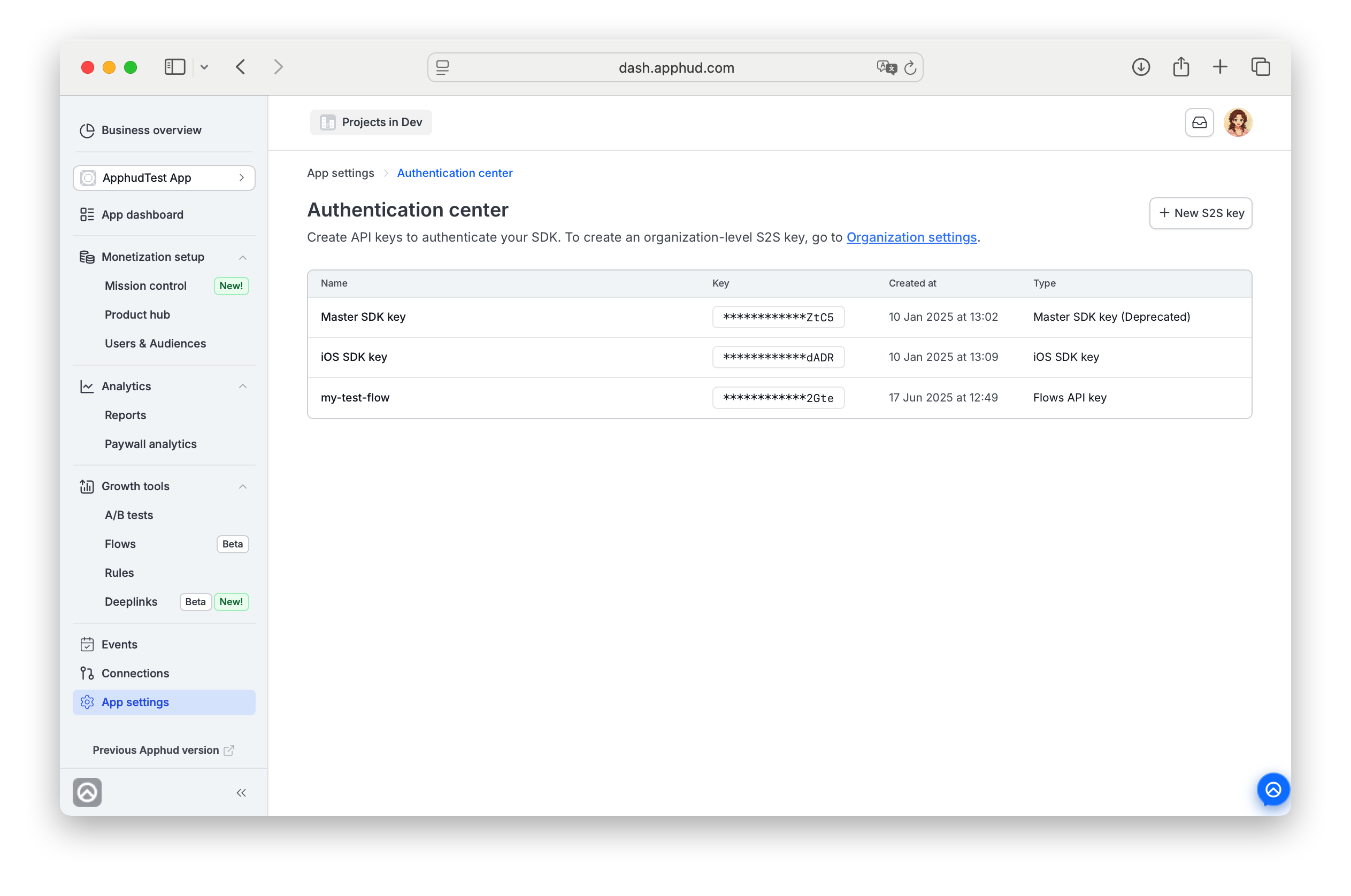 Apphud - App Authentication center settings