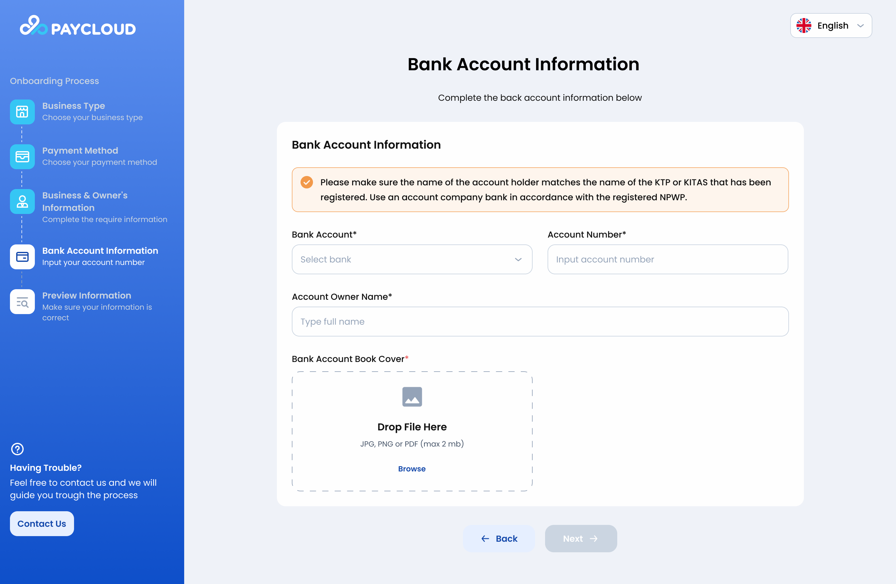 Onboarding Page - Bank Account Information