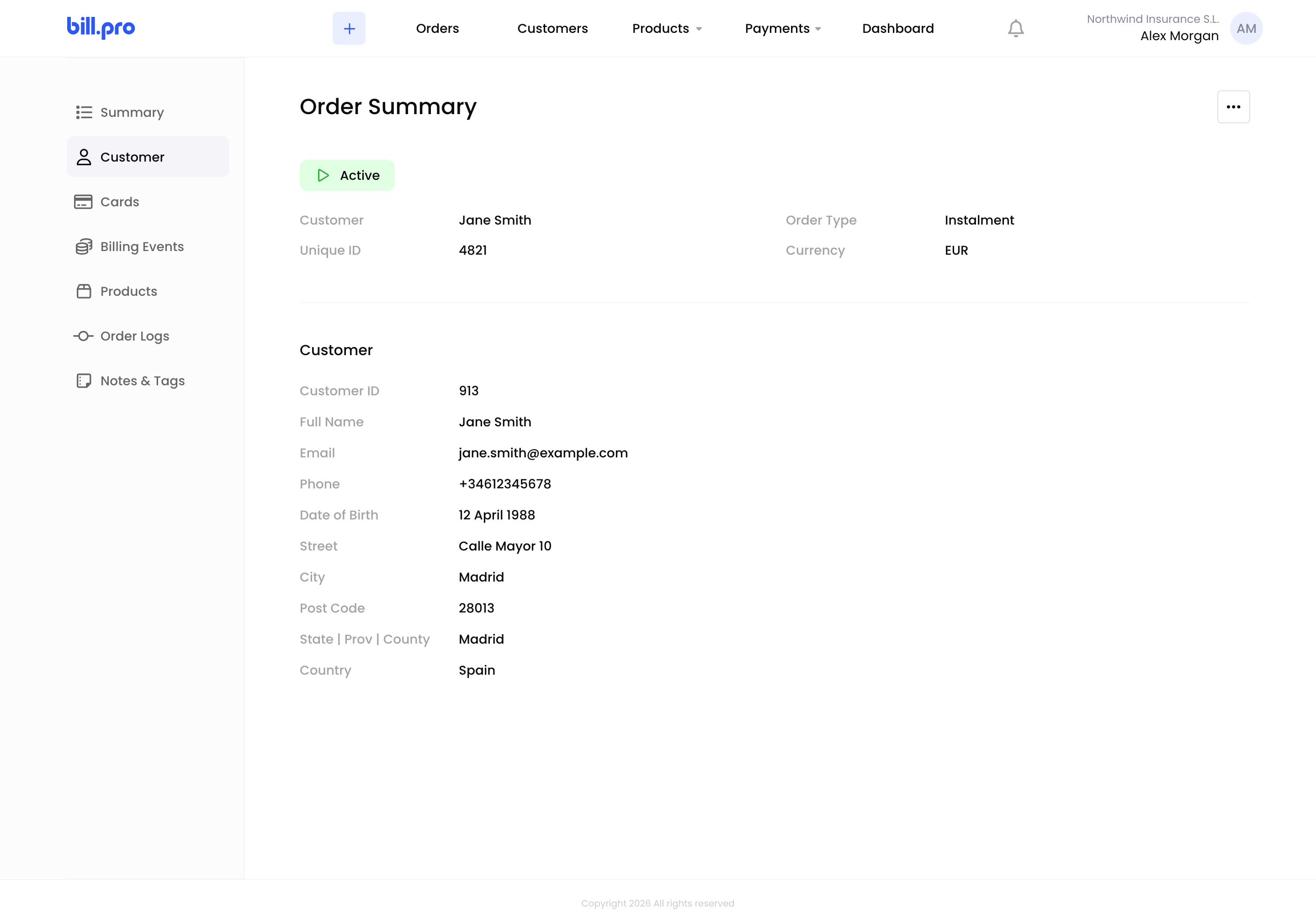 The Customer tab of an order