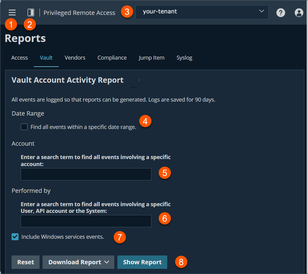 An image of a Vault Account Activity Report interface in a Privileged Remote Access system. The interface includes options to filter reports by date range, account, and performed by user or system.