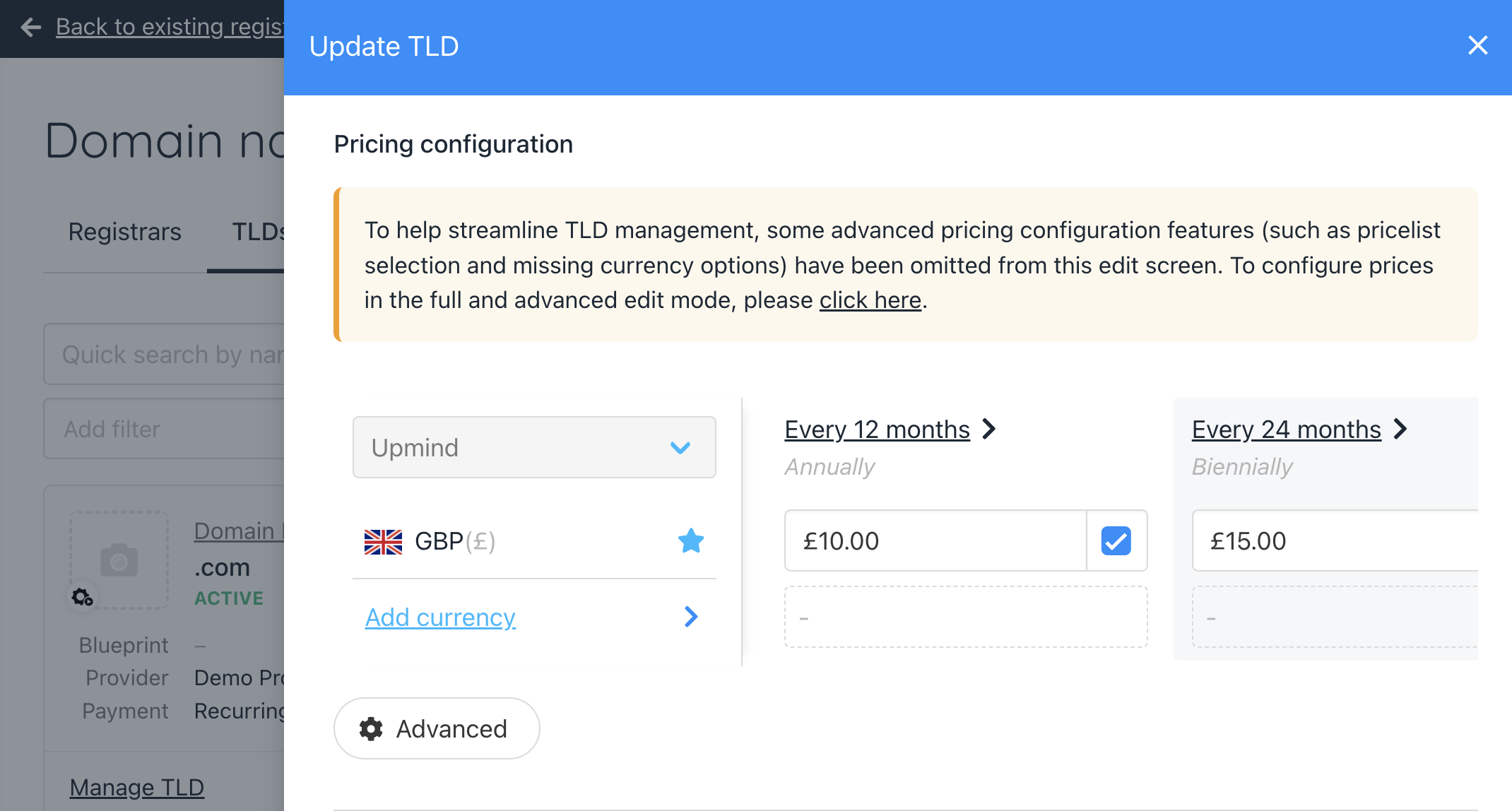 Host Control → Domain Names → TLD