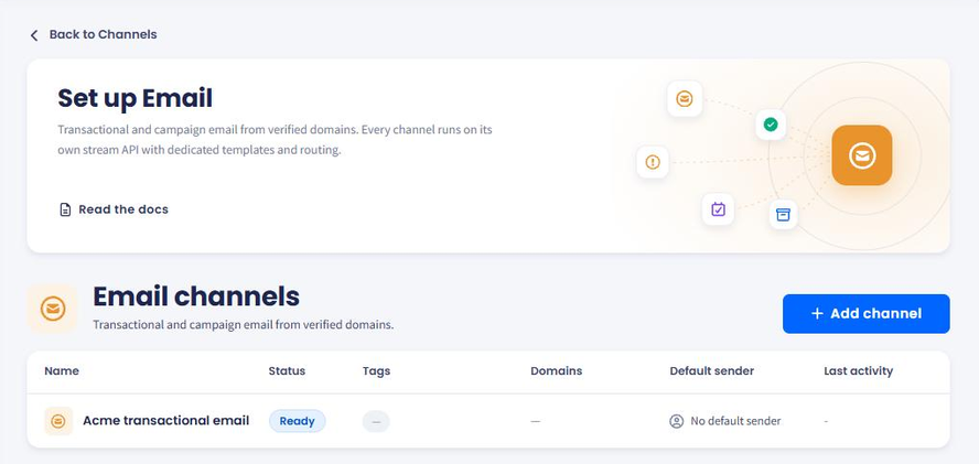 Screenshot of the Email channels page showing one channel with a Ready status