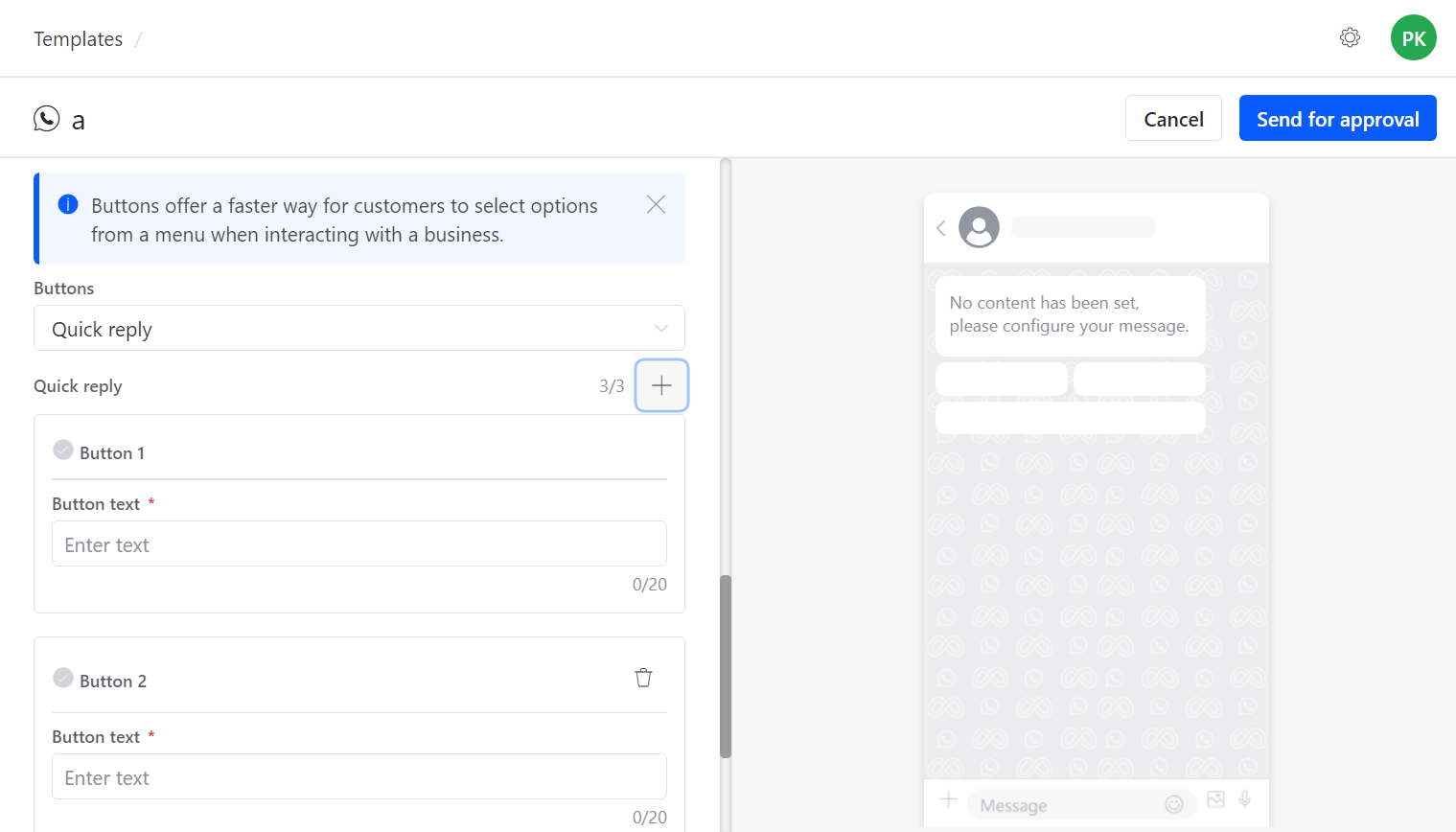 Configure WhatsApp quick reply buttons