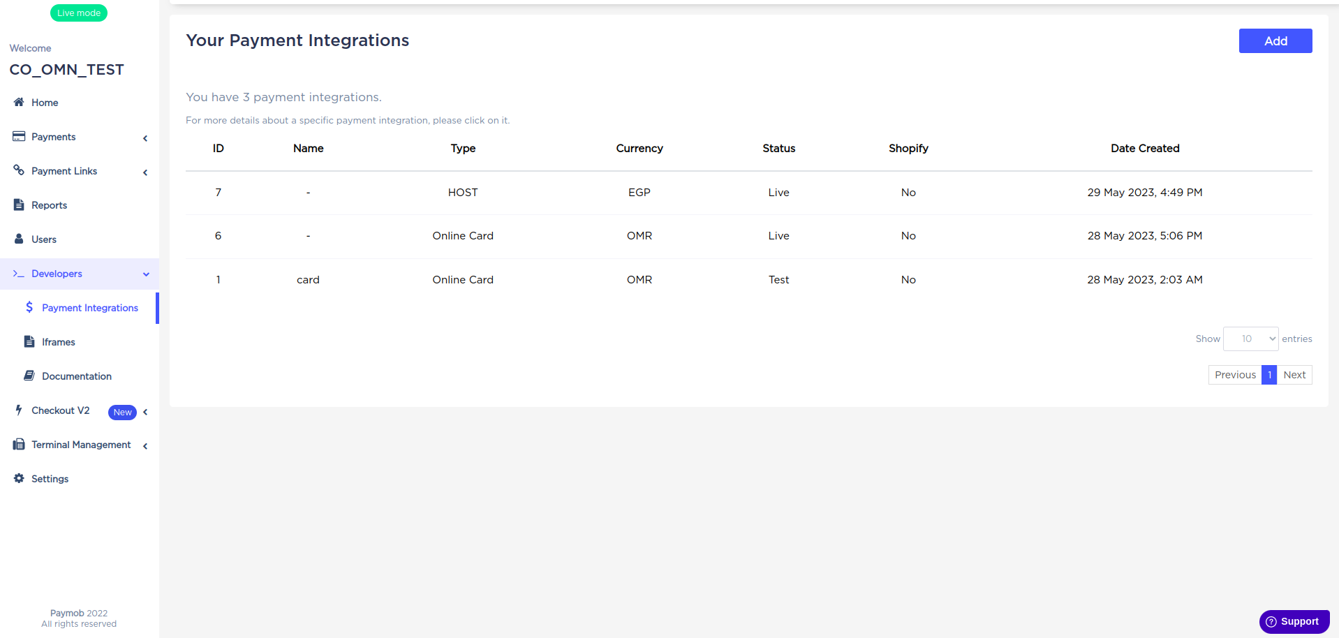Accept Dashboard - Payment Integrations tab.