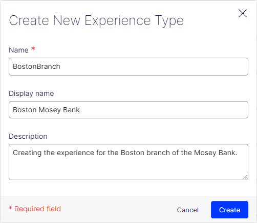 Create new experience type dialog box