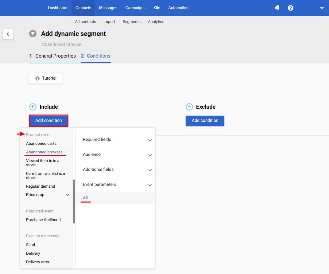 Add conditions to a segment