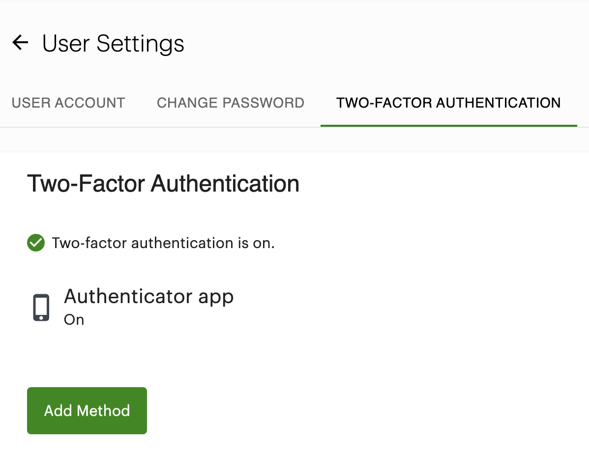 User Settings: Two-factor Authentication tab