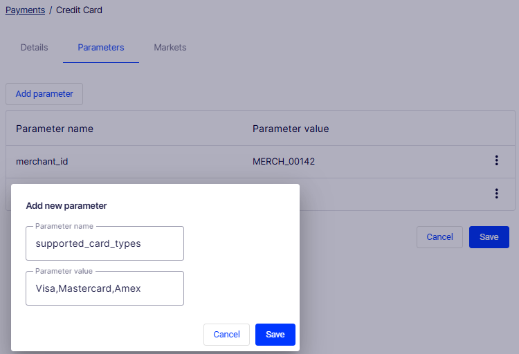 Parameters tab on a payment record showing key-value pairs assigned to the payment gateway