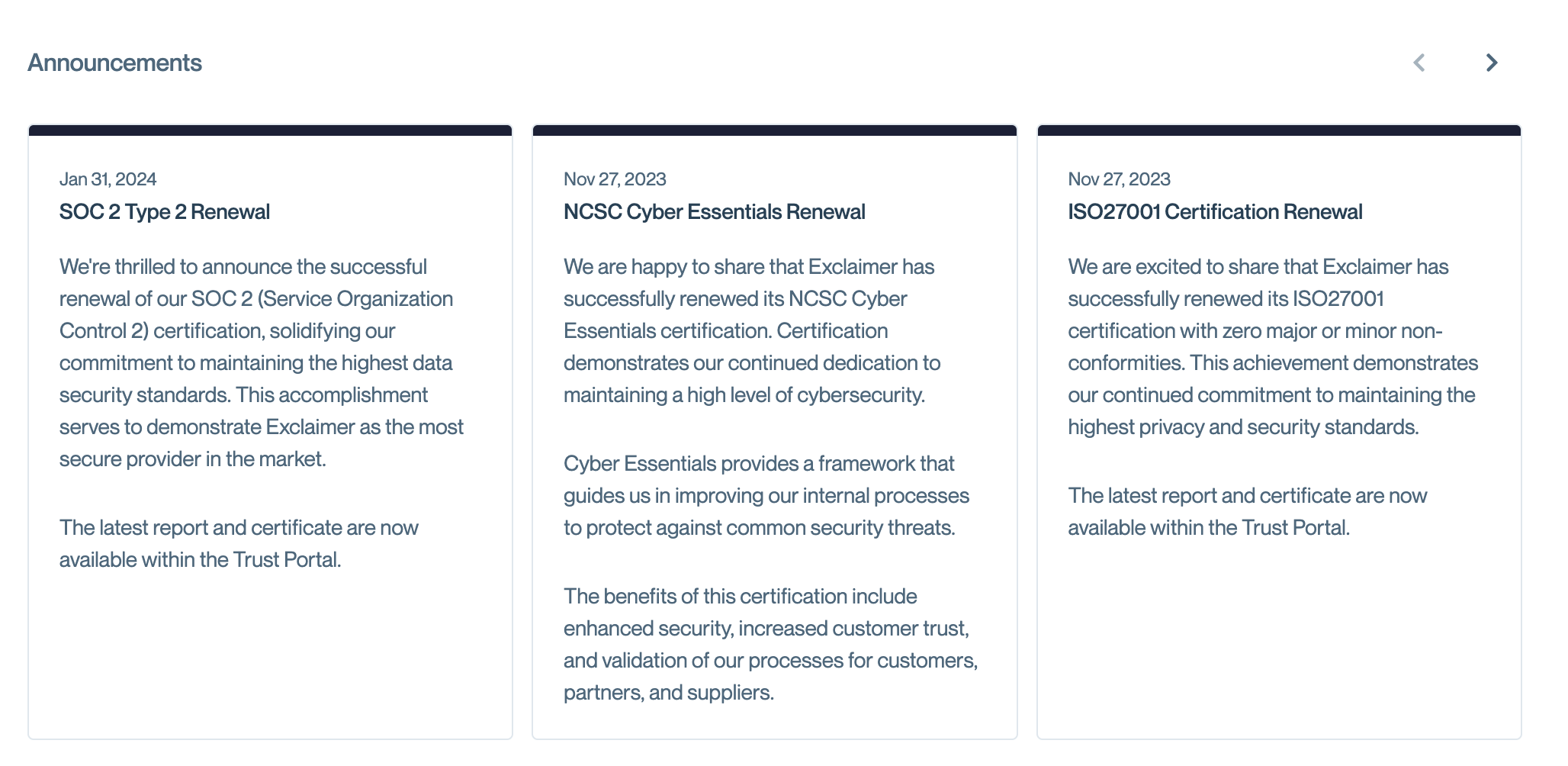 Examples of Announcements on a real-life customer Trust Center.