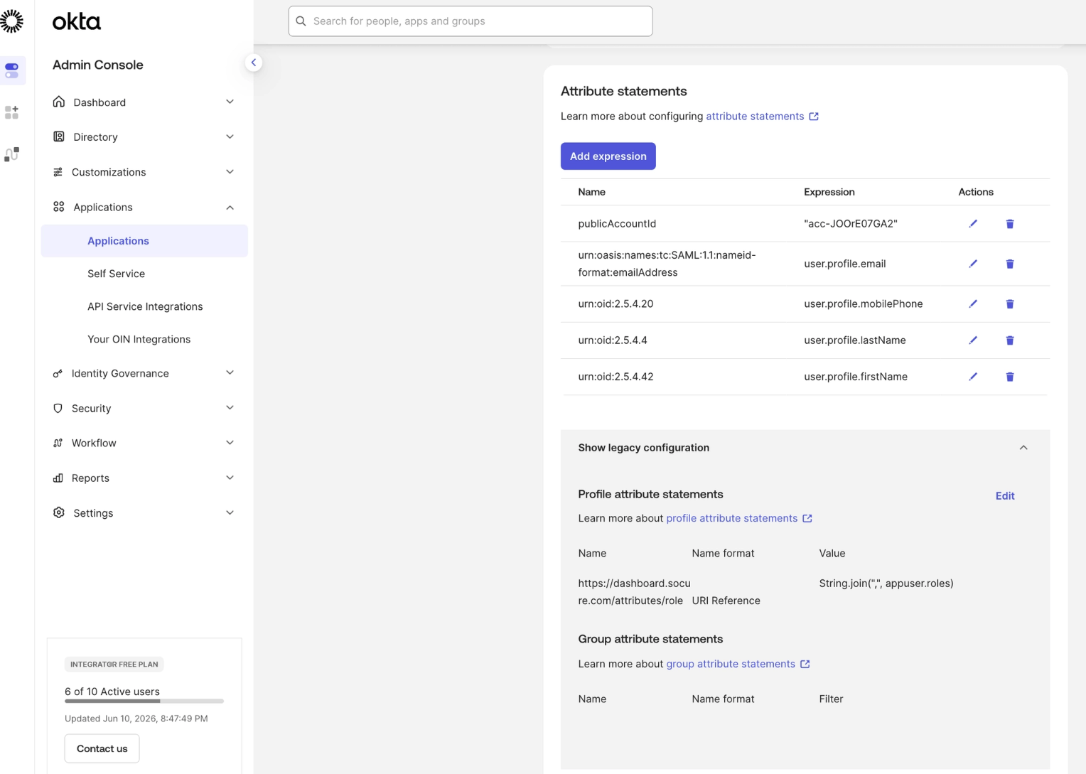 Okta profile editor showing where to add a RoleName mapping expression